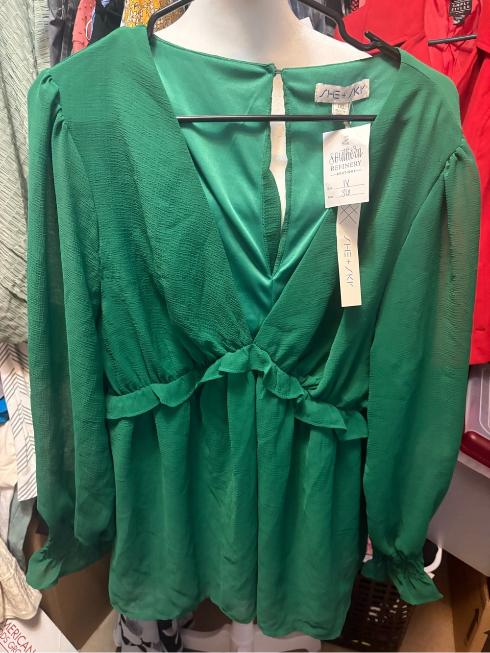 Ladies new She + Sky Emerald Green Long-Sleeve Tie-Front Blouse